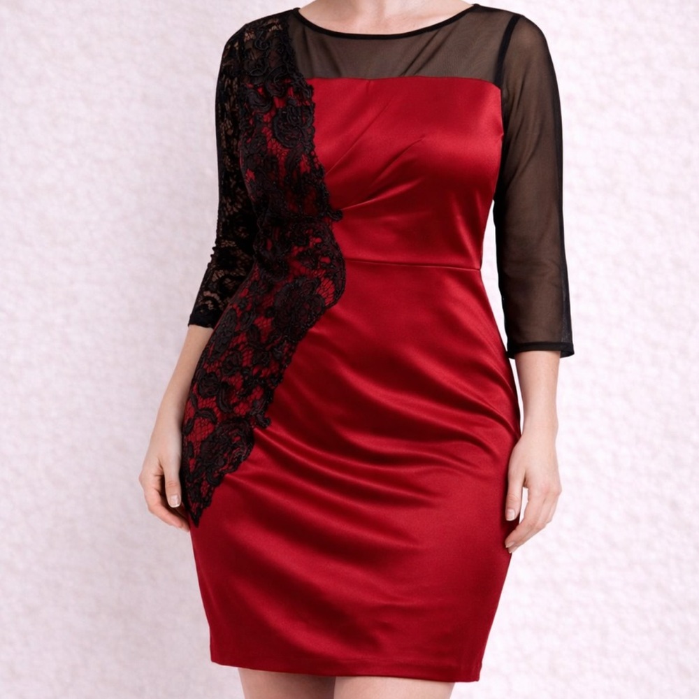 JAX Red & Black Lace Mesh Cocktail Dress – Size 16